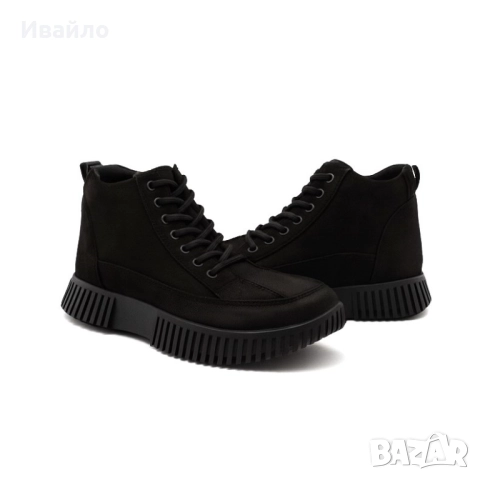 Дамски черни боти от естествена кожа с масивна подметка и връзки, снимка 3 - Дамски боти - 52190278