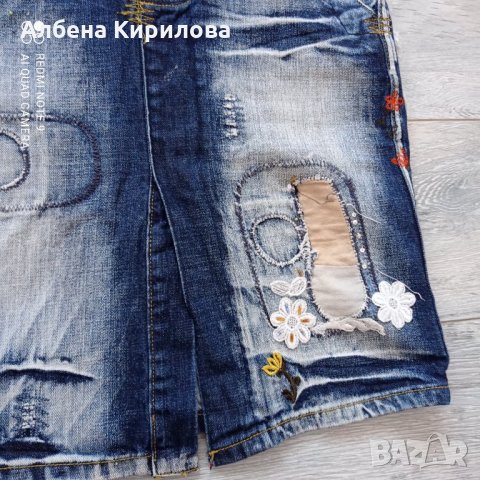 Дънкова пола с орнаменти, 26 р-р, снимка 5 - Поли - 32557439