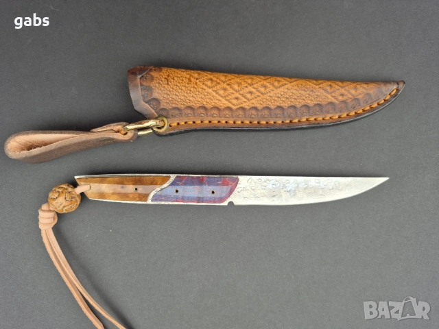 Компактен ловен нож,фултанг дамаска стомана с кожена кания, LN426, снимка 4 - Ножове - 52327576