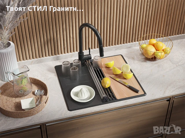 Графит кухненска гранитна мивка Копенхаген 40 Top 550 x 500 мм, снимка 4 - Мивки - 51015691