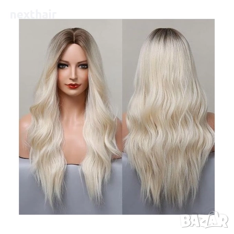 Светло руса омбре перука с тъмни корени на път, снимка 2 - Аксесоари за коса - 52442128