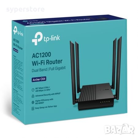 Безжичен Рутер TP-Link Archer C64 AC1200 2-лентов MU-MIMO Wi-Fi Рутер за дома и офиса, снимка 5 - Мрежови адаптери - 34664190