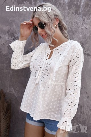 Дамска памучна блуза с дълъг ръкав в бяло, снимка 2 - Блузи с дълъг ръкав и пуловери - 39881436