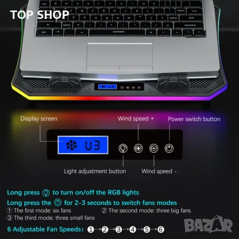 Охлаждаща подложка за лаптоп TopMate C12 RGB геймърски, снимка 4 - Лаптоп аксесоари - 48836488
