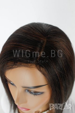 Тъмнокестенява перука от ЕСТЕСТВЕН косъм с медни кичури Селена, снимка 7 - Аксесоари за коса - 37879755