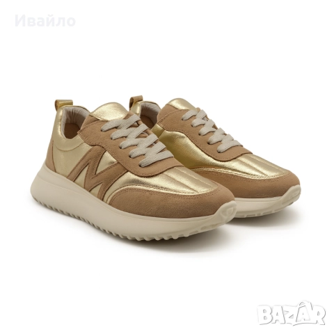 Дамски спортни обувки от естествена кожа и велур в златисто и бежово