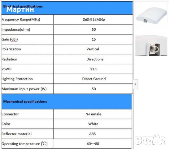 12dbi панелна antenna LoRa, 868MHz антена хелиум hellium, снимка 9 - Друга електроника - 37985902