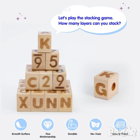 МОНТЕСОРИ, дървени кубчета с букви и цифри, снимка 2 - Образователни игри - 43323609