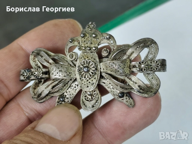 Възрожденска сребърна брошка филигран 0.800, снимка 4 - Колиета, медальони, синджири - 52494584