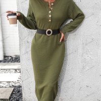 Модна дамска плетена рокля с копчета с темперамент, 3цвята - 023, снимка 2 - Рокли - 43317856