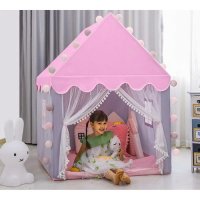 Детска палатка за игра с LED лампи, Розово-сива, Размери 130х100х115 см, снимка 2 - Други - 43008420