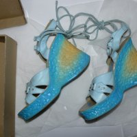DIAMONDсини сандали, платформа 3см, ток 11см, светло синя еко кожа/жълто, каишки около глезена – 39 , снимка 11 - Дамски ежедневни обувки - 28762361