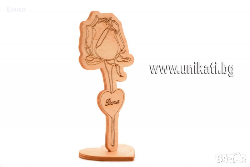 Роза със сърце и име, гравирани на дърво - Романтичен подарък, снимка 1