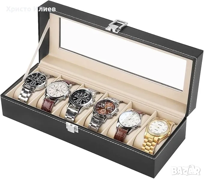 Кожена Кутия за часовници Органайзер Стойка за 6 броя, снимка 1