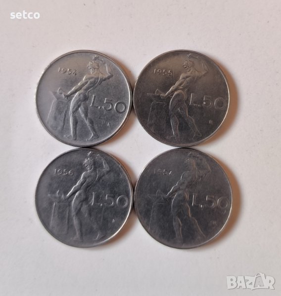 Италия лот 50 лири 1954 , 1955 , 1956 и 1957 година а2, снимка 1
