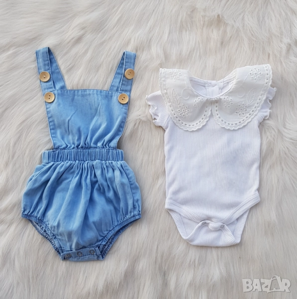Бебешки дънков гащеризон и боди с якичка 0-3 месеца , снимка 1