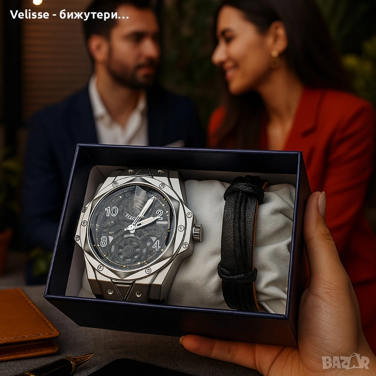 Мъжки комплект аксесоари за китка – аналогов часовник + декоративна гривна, снимка 1