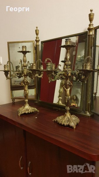 Рядки антикварни фигурални френски бронзови свещници , снимка 1