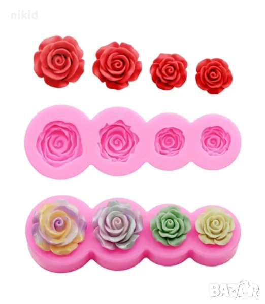 роза рози розички 4 размера цвете силиконов молд форма фондан шоколад гипс декор, снимка 1