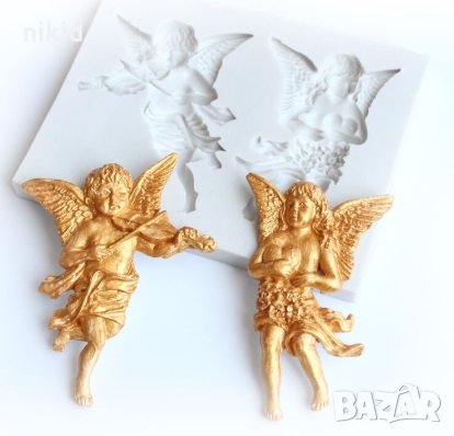 2 големи ангела с цигулка и сърце силиконов молд форма декорация торта фондан пита , снимка 1