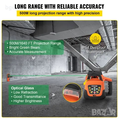 Ротационен лазерен нивелир Vevor 360G, Зелен лазерен лъч, Лазерен приемник, Обхват 500 метра ПЪЛЕН К, снимка 2 - Куфари с инструменти - 48266012