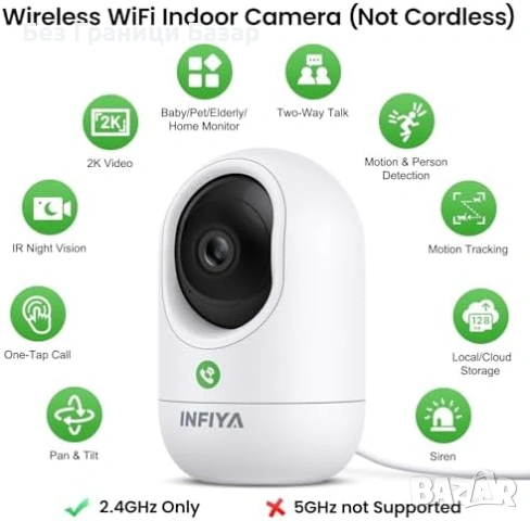 Нова Домашна охранителна камера 2K, 2-way talk, TF/Cloud, RTSP, 2.4GHz, снимка 2 - IP камери - 53571904