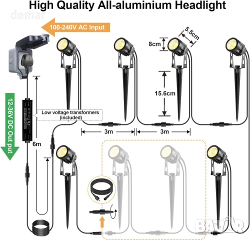 IRISECO 6 в 1 градински прожектори, алуминиеви нисковолтови LED, 21 метра, IP65, снимка 4 - Лед осветление - 51225284