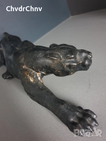 чугунена статуетка 40см-5кг/стара метална желязна фигура на дебнеща мъжка пума-пантера, снимка 4 - Антикварни и старинни предмети - 51092232