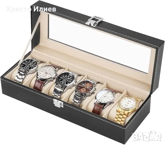 Кожена Кутия за часовници Органайзер Стойка за 6 броя