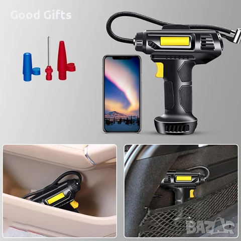 Цифров въздушен компресор за автомобил – LED дисплей, 12V, с LED светлина и дюзи, снимка 6 - Аксесоари и консумативи - 51251144