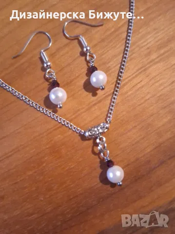 Нежен и стилен комплект бижута обици и колие с камъни Гранат и бели перли Майорка , снимка 6 - Бижутерийни комплекти - 49314890