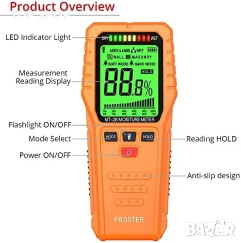 Нов Влагомер Детектор за влага стенна зидария твърда дървесина с чанта, снимка 6 - Други стоки за дома - 49444026