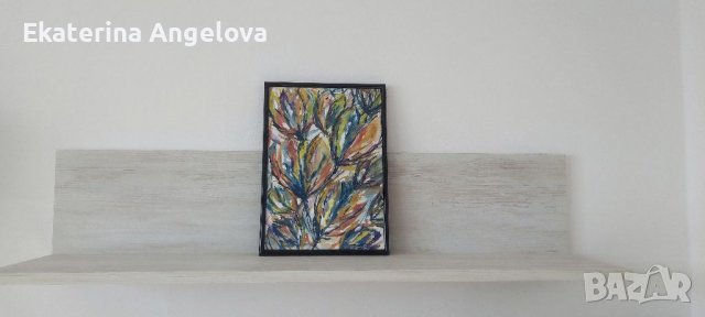 Абстрактна картина лалета, цветя пъстра 22 X 30см, бяло синьо тюркоаз, снимка 3 - Картини - 34626925