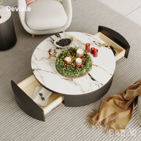 Модерна масичка за кафе с дъбов фурнир и плот от синтерован камък и място за съхранение, снимка 6 - Маси - 48397001