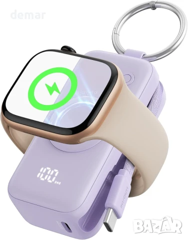 INIU Power Bank за Apple Watch, 5000mAh безжична с вграден кабел и LCD дисплей, лилава