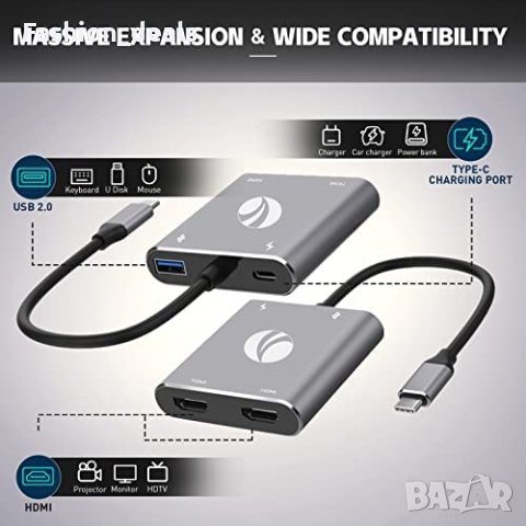 Нов USB C към двоен HDMI адаптер Хъб лаптоп MacBook Pro/Air iPad Pro, снимка 2 - Други - 40257069