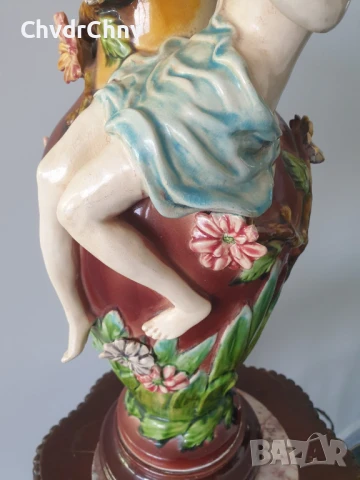 майолика ваза 44см-3кг/еротика/фигурална френска керамична ваза с релефни цветя и голо момиче, снимка 8 - Антикварни и старинни предмети - 51312196