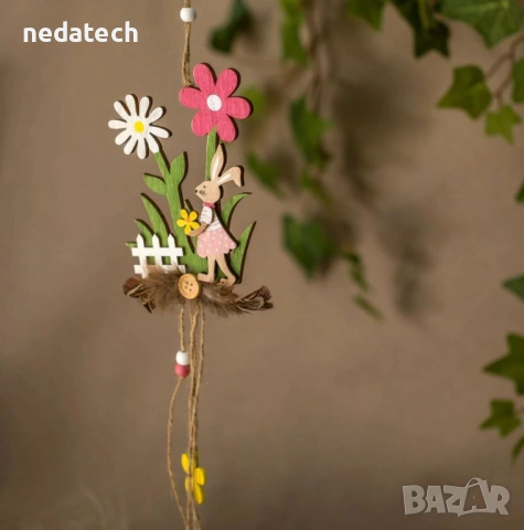 Великденска дървена декорация – заек с цветя и пера, 12x52см, снимка 2 - Декорация за дома - 53198062