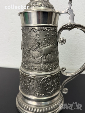 Уникална калаена халба с капак / ловни мотиви. №7460, снимка 2 - Антикварни и старинни предмети - 51988329