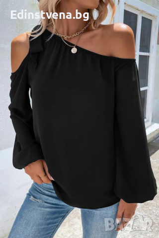 Дамска блуза в черен цвят с дълъг ръкав и ефектно завръзване при рамото, снимка 4 - Блузи с дълъг ръкав и пуловери - 44843732