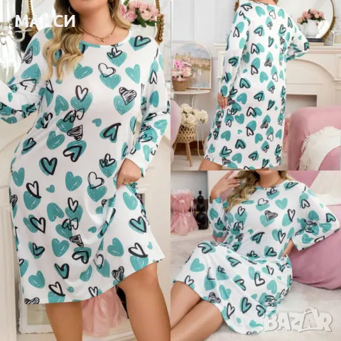 Макси мека дълга еластична нощница в бяло на сърчица