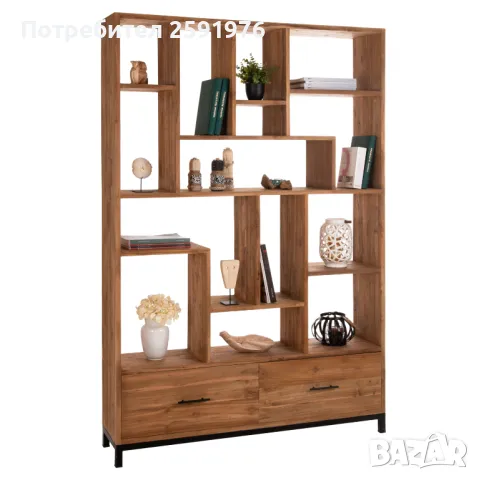 Етажерка HM9803, Тиково дърво, два шкафа, 140x30x210,5Hcm., снимка 1