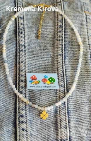 Чокър с естествени камъни морганит и детелинка от златна стомана. Бижута Луди гъби., снимка 2 - Колиета, медальони, синджири - 50546271