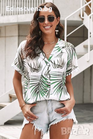 Дамска риза с къс ръкав и тропически принт, снимка 6 - Ризи - 40518129