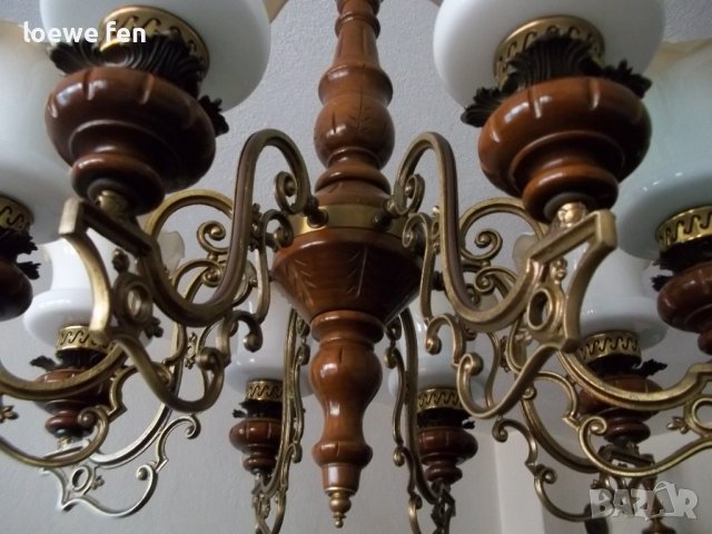 Полилей абажур CHANDELIER орех и бронз дърво метал ! Старинен античен антикварен !, снимка 5 - Полилеи - 39377537