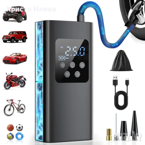 Преносим компресор за гуми помпа за гуми с LED дисплей и вградена батерия, снимка 8 - Аксесоари и консумативи - 51577303