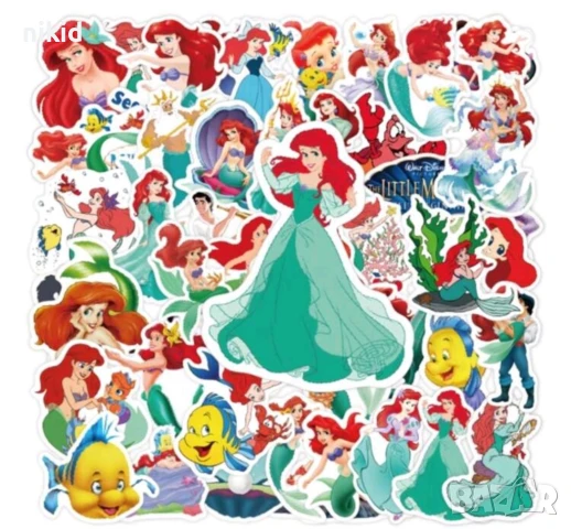 50 бр Малката Русалка Ариел самозалепващи лепенки стикери за украса картонена торта, снимка 7 - Други - 45778692