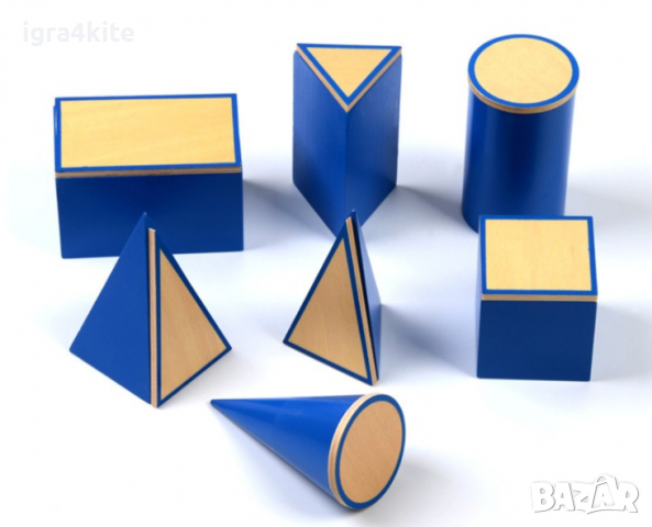 Сини геометрични тела Монтесори в кутия с поставки и знаци , снимка 11 - Образователни игри - 36478729