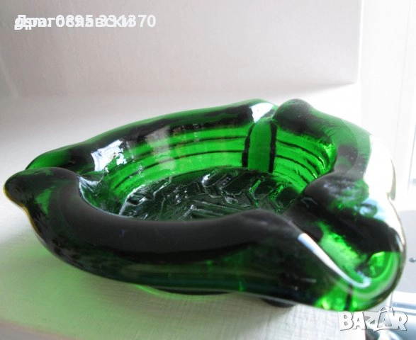 Тежка красива ваза, цвят  кехлибар и фруктиера, стъкло, стъклен, зелен пепелник Сливен, снимка 14 - Вази - 10670305
