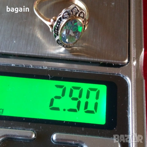 Сребърен пръстен с аквамарин и позлата., снимка 6 - Пръстени - 53138151